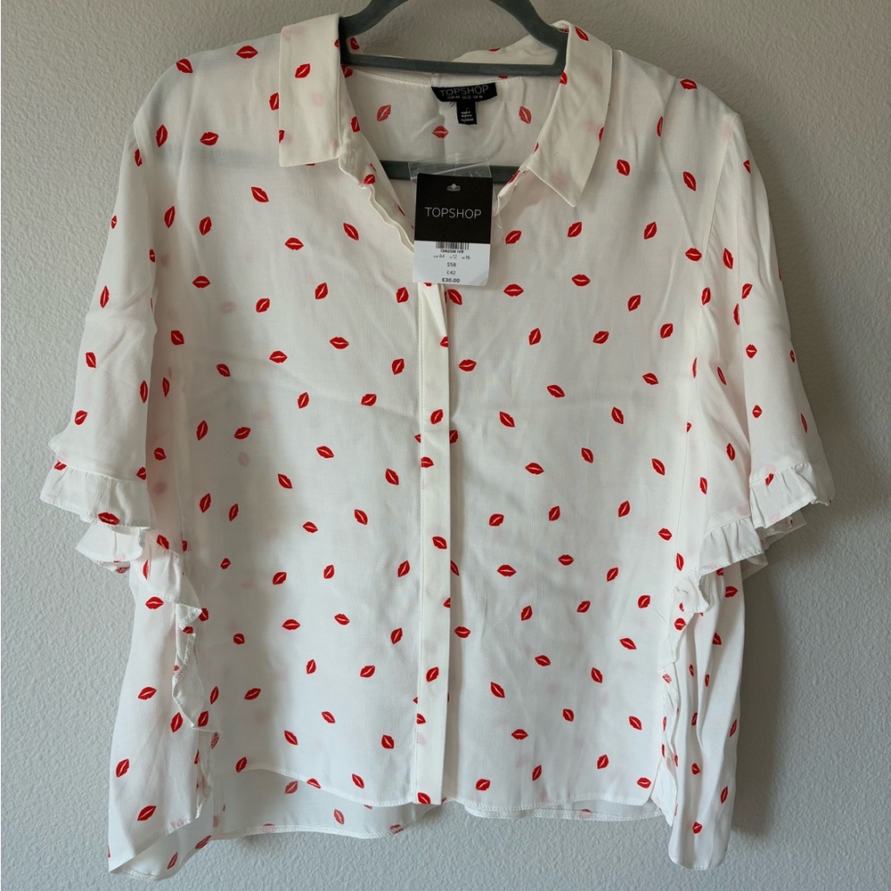 Topshop White and Red Lip Print Women's Top